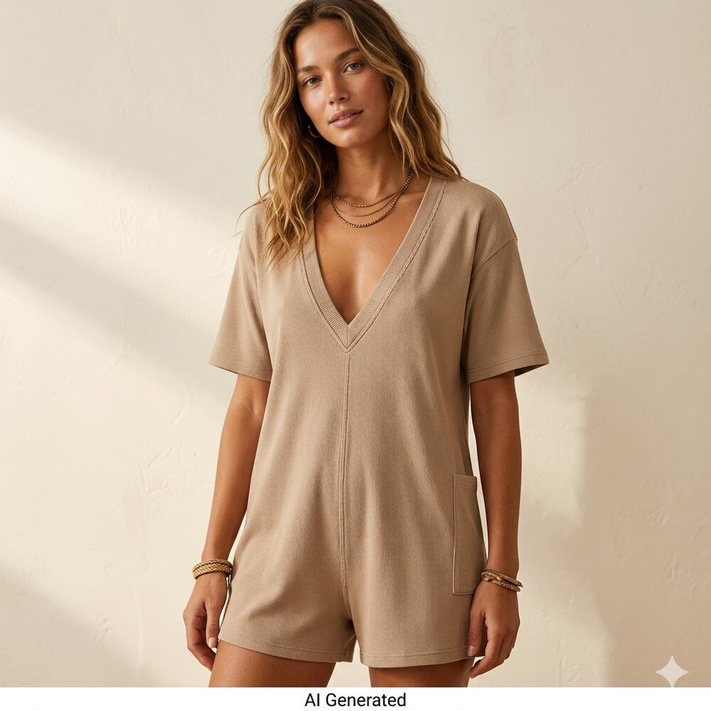 090 NWT Free People Hot Shot Tee Romper | Color Mocha Latte | Size L